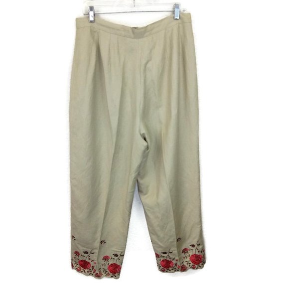 Larry Levine Tan Linen Blend Embroidered Pants 14 - Picture 2 of 11